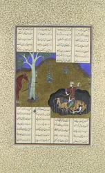 Rustam hevner sin egen forestående død, Folio 472r fra Shahnama..., ca. 1525-30.