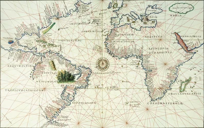 Et kart over to sider av Atlanterhavet, som viser østkysten av Nord- og Sør-Amerika, 1544