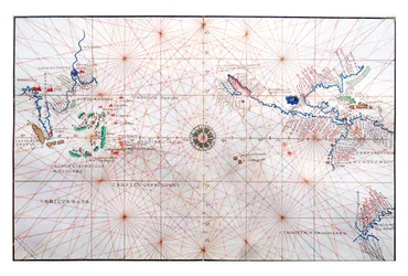 Navigasjonskart som viser Kina, Ceylon og Filippinene og Kreftens og Steinbukkens troper, ca. 1540