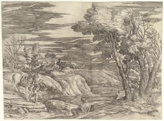 Landskap med en rytter og hans brudgom, ca. 1552-61.