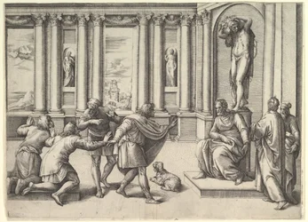 Mann som sitter under en statue av Bacchus, mottar et publikum, ca. 1530-61.