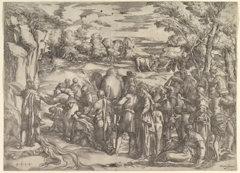Moses trekker vann fra klippen, til venstre med vann som strømmer, forskjellige figurer og ..., ca. 1552-61.