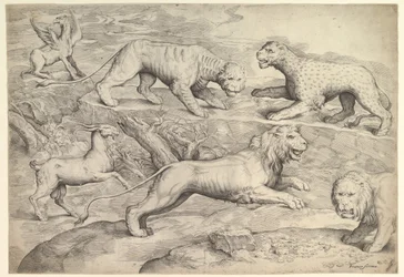 Seks dyr, inkludert løver, en tiger, en leopard, en griffin og en geit, ca. 1530-61.