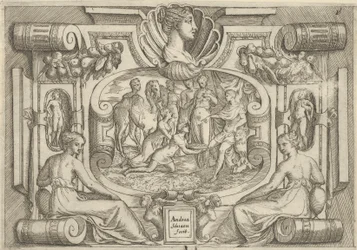 En mann og kvinne som tilbyr et fat med mynter til en konge som sitter på en trone, satt med..., ca. 1540-80.