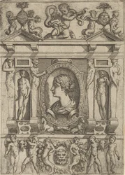 Byste av en kvinne i profil vendt mot venstre, satt i en forseggjort ramme med figurer i n..., ca. 1540-80.