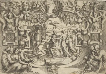 Fire kvinner rundt en sittende figur, en fugl over dem, satt i en forseggjort ..., ca. 1540-80.