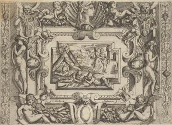 Judith og tjenestepike med hodet til Holofernes, satt innenfor en forseggjort ramme, ca..., ca 1540-80.