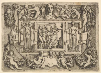 Den kumeiske sibyllen går til høyre og bærer et brett, etterfulgt av tre kvinner..., ca. 1540-80.