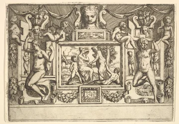Ung kvinne som drikker fra en bolle, en gammel kvinne står foran henne, satt i..., ca. 1540-80.