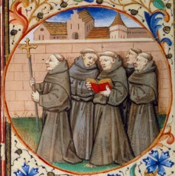 Scene av klosterlivet. Detalj som representerer munker av Franciskanerordenen. Miniatyr hentet fra "" Timebok i henhold til bruken av Paris"" belyst av Mesterens verksted i Bedford. 1450. Paris, BN