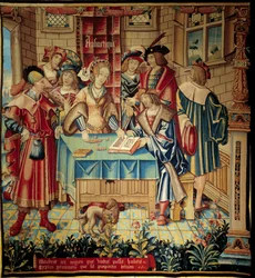 Forheng som illustrerer de frie kunstene: Aritmetikk. Veggteppe av ull og silke laget omkring 1520 i Tournai. Mål 3,1 x 2,9 m. Paris, Nasjonalmuseet for middelalderen, Cluny-badene