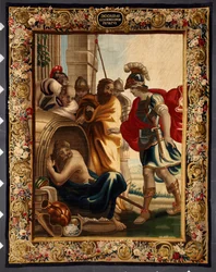 Diogene og Aleksander: Møte mellom den greske filosofen Diogene de Sinope (413–327 f.Kr.) i tønnen sin og kong Aleksander den store (356–323 f.Kr.) i Korint. Da erobreren spurte ham hva han ville ha, svarte Diogene: «Ta litt av solen min». Trykk på