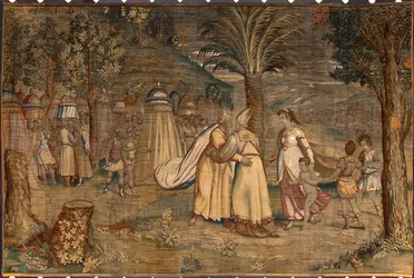 Jethro fulgte datteren Sephora, og barna hans møtte Moise-teppet av Dionys Martensz etter pappverket til Luca Cambiaso (1527–1584), produsert av fabrikkene i Brussel.