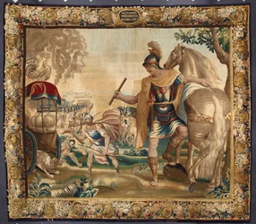 Kong Alexander den store (356-323 f.Kr.) brente all unødvendig bagasje før reisen til India. Billedteppe laget av produsenter i Brussel. 1500-tallets gener, Musei di Strada Nuova