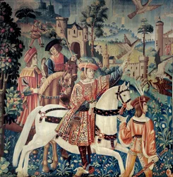 Middelalderen: avreise til falkejakt til hest. Silke- og ullteppe fra begynnelsen av 1500-tallet. Fra Hainaut. Paris, Nasjonalmuseet for middelalderen, Thermes de Cluny