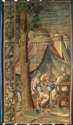 Moise med Jethro og Sephora-teppe av Dionys Martensz etter kartongene til Luca Cambiaso (1527–1584) laget i Brussels fabrikker 1561–1564. Mål: 391 x 141,2 cm. Genes, Musei di Strada Nuova.