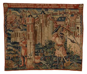 Tapestry, Hercules at the Gate of Prycus City, eller Hercules Assaulting a City, muligens fra Tournai (ull og silke)