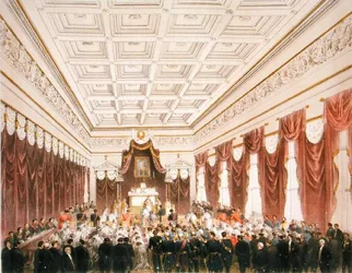 Ekteskapet til Maximilian av Hapsburg-Lorraine (1832-67) erkehertug av Østerrike og Charlotte Saxe-Cobourg-Gotha (1840-1927) prinsesse av Belgia, på Chateau de Bruxelles 21. juli 1857 (farge litho)
