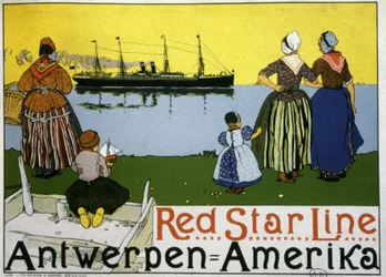 Transatlantisk ruteskip Antwerpen/Amerika. Reklame for Red Star Line, ca. 1900 (trykk).