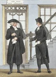Begravelsestjenestemenn i Amsterdam, illustrasjon fra 'Kostumersamlinger fra de nordlige provinsene i kongeriket Nederland ...' gravert av Villeneuve, 1828