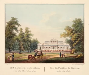 Paviljongen i Jaarlem, sett fra van den Hout. Vue du Pavillon de Harlem, prize du Bois, 1825 (håndfarget gravering)