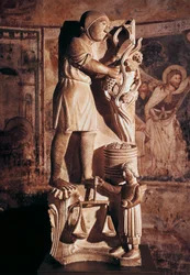 September, skulptur fra Cycle of Months, av Benedict Antelami (1178-1233), Baptistery of Parma, Emilia-Romagna, Italia
