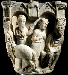 Salomo og dronning av Saba, av Benedict Antelami (1100-1200-tallet), hovedstadsrelieff, Parma-katedralen, Italia