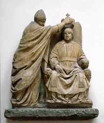 Kardinal Latino di Carlo Orsini (1410-1477) kroner Ferdinand II av Aragón (1452-1516). Marmorskulptur av Benedetto da Maiano (1442-1497). Firenze, Museo Nazionale del Bargello