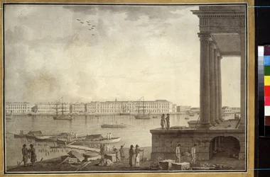 Utsikt over vinterpalasset og børsen i St. Petersburg. Verk av Benjamin Paterssen (1748-1815), blyant og blekk på papir, ca. 1790. Svensk kunst