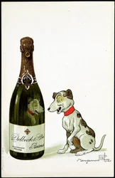 Kartong til champagne “” Delbeck et Cie, Reims””, illustrasjon av Benjamin Rabier (1864-1939), sd. tidlig på 1900-tallet.