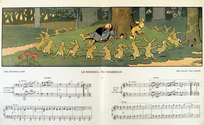 Kaniner som runder rundt en søvnig jeger - i "" Les images en musique"" av Jane Vieu, illustrert av Benjamin Rabier (1864-1939)