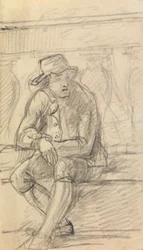 Figurstudie av en ung mann med hatt som sitter ute