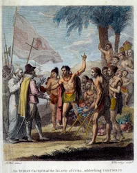 En indisk Cacique fra øya Cuba ønsker Christopher Columbus (1451-1506) og europeiske militære og kirkelige representanter velkommen for å diskutere opprettelsen av en ny stat. Frontispice av "Sivil og kommersiell historie til de britiske koloniene i W