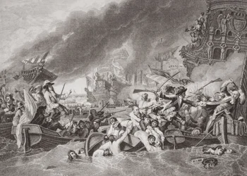 Slaget ved La Hogue, ødeleggelse av den franske flåten, 22. mai 1692, fra `Illustrasjoner av engelsk og skotsk historie