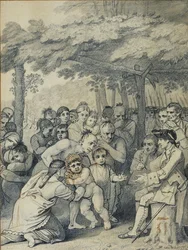 Indianerne leverer de engelske fangene til oberst Bouquet nær leiren hans hos folket i Muskingum, Nord-Amerika i november 1764, ca. 1769 (blekk og vask på papir)