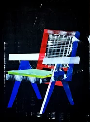 Chandigarh-stolen, etter Pierre Jeanneret, 2023 (olje og akryl på blandet lerret)