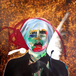 Surportrett: Andy Warhol og Sébastien, 2005 (olje og bladgull på lerret)
