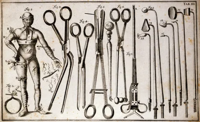 Ulike typer tang og kirurgiske instrumenter. En mann som har på seg forskjellige typer turneringer og bandasjer. Operationsplate illustrert av Benoist Louis Prevost (1735-1809). 18. århundre