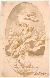 Studie for takmaling med ni figurer, oval
