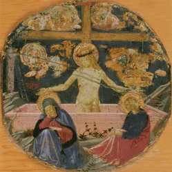 Tilskrevet Benozzo Gozzoli - Sorgens mann, med den sørgende jomfruen, evangelisten Johannes og symboler på lidenskapen, ca. 1447