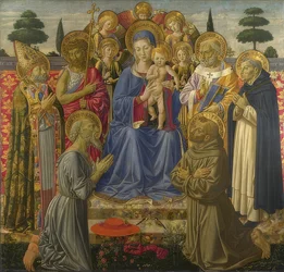 Madonna og barn omgitt av engler og helgener. 1461-62