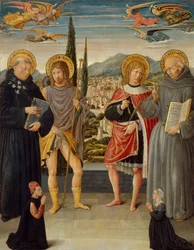 De hellige Nicholas av Tolentino, Roch, Sebastian og Bernardino av Siena..., 1481.
