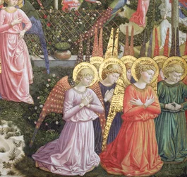 Engler i et himmelsk landskap, den venstre veggen til apsis, fra Journey of the Magi-syklusen i kapellet ca. 1460 (detalj av 70610)
