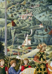 Fantastisk landskap, detalj fra Journey of the Magi-syklus i kapellet, ca. 1460