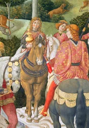 Ryttere i det kongelige følget, detalj fra syklusen De vises reise i kapellet, ca. 1460, freskodetalj av 70601