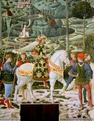 John VII Palaeologus (1391-1448), østromersk keiser, som en av de tre konger, detalj fra Journey of the Magi-syklusen i kapellet, ca. 1460