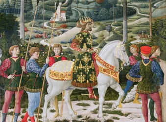 John VII Palaeologus 1391-1448, østromerske keiser, som en av de tre konger, detalj fra Journey of the Magi-syklusen i kapellet, ca. 1460 freskomaleri av 70625