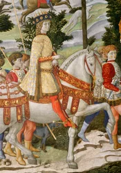 Lorenzo de Medici, den storslåtte 1449-92, som en av de tre kongene, detalj fra Journey of the Magi-syklusen i kapellet, ca. 1460 freskomaleri av 70619