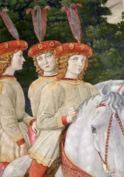 Maria (f.1460), Bianca (1461-88) og Nannina (1463-93) Medici, yngre søstre til Lorenzo (1449-92) og Giuliano (1453-78), detalj fra Journey of the Magi-syklusen i kapellet , ca. 1460 (de