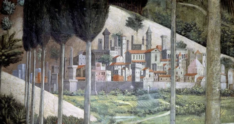 Middelalderby, detalj fra Magienes reise-syklusen i kapellet, ca. 1460 (freske)